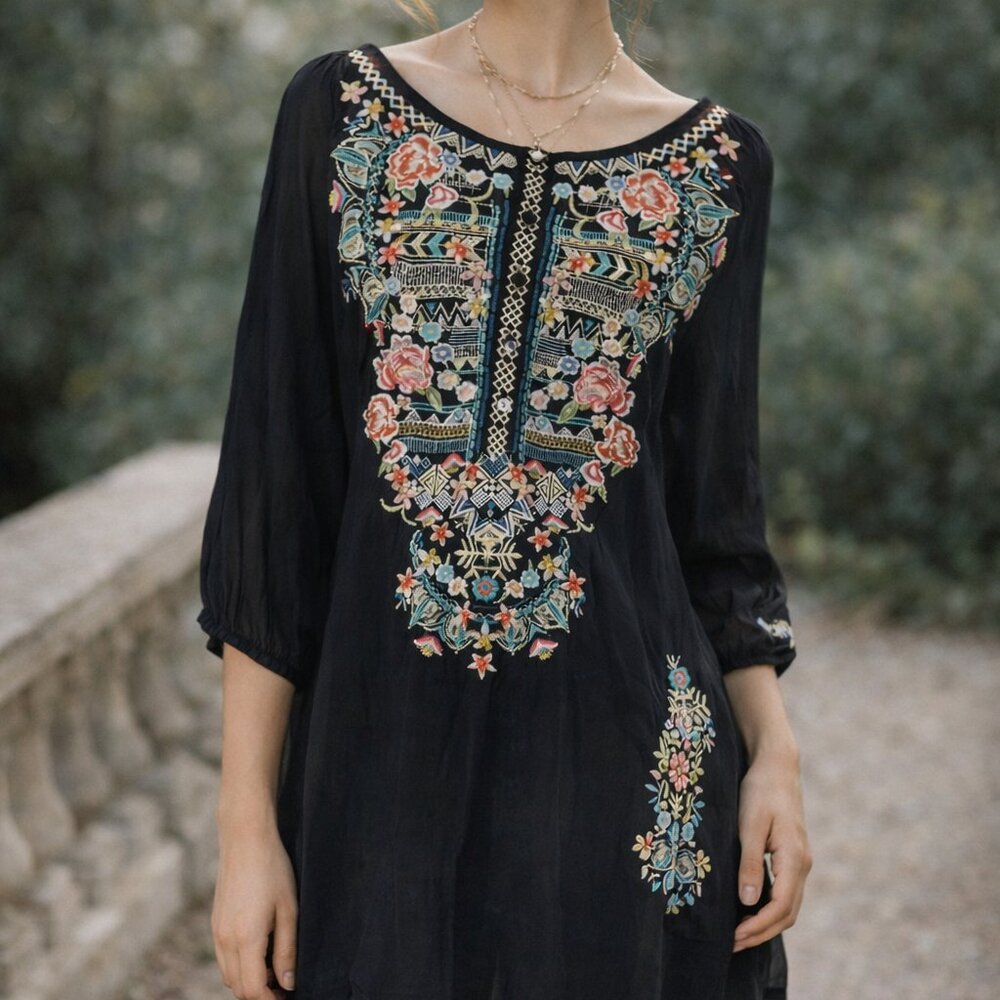 Johnny Was Black Floral Embroidered Tunic Top Small Crinkled Cupra Rayon Boho - Picture 2 of 16